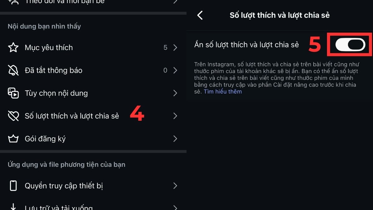 Cách ẩn lượt thích trên Instagram cho tất cả các bài viết bước 4, 5