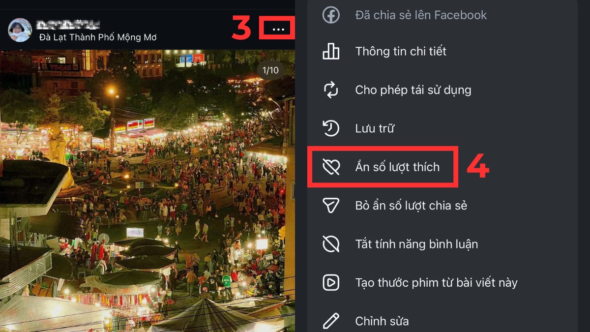Cách ẩn lượt thích trên Instagram cho 1 bài viết bước 3, 4