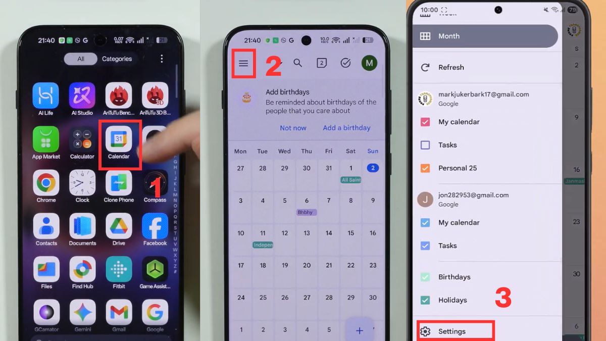 Cách cài lịch âm trên OPPO với Google Calendar bước 1, 2, 3