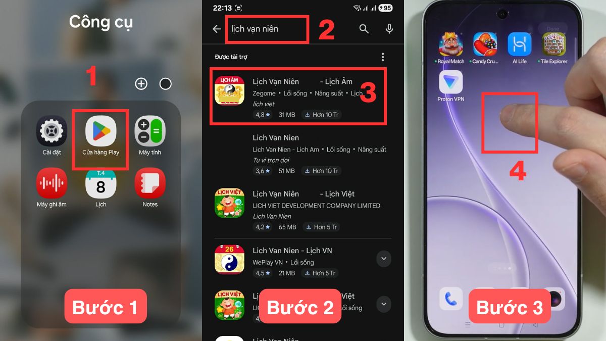 Cách cài lịch âm trên OPPO qua ứng dụng Lịch vạn niên bước 1, 2, 3