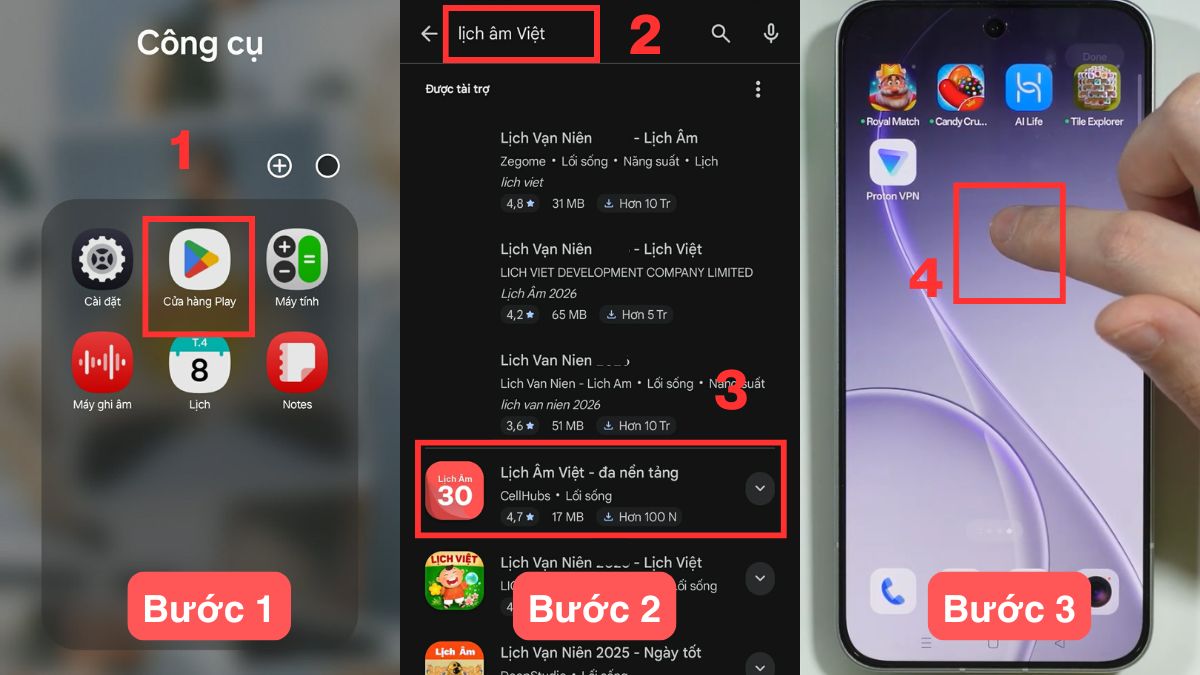 Cách cài lịch âm trên OPPO qua ứng dụng Lịch Âm Việt bước 1, 2, 3
