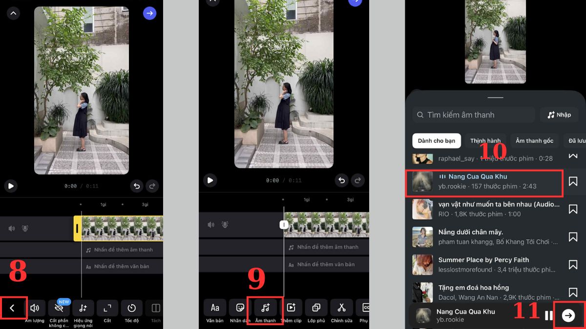 Cách chèn nhạc vào Instagram Reels từ thư viện có sẵn bước 8, 9, 10, 11