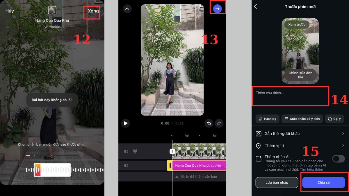 Cách chèn nhạc vào Instagram Reels từ thư viện có sẵn bước 12, 13, 14, 15
