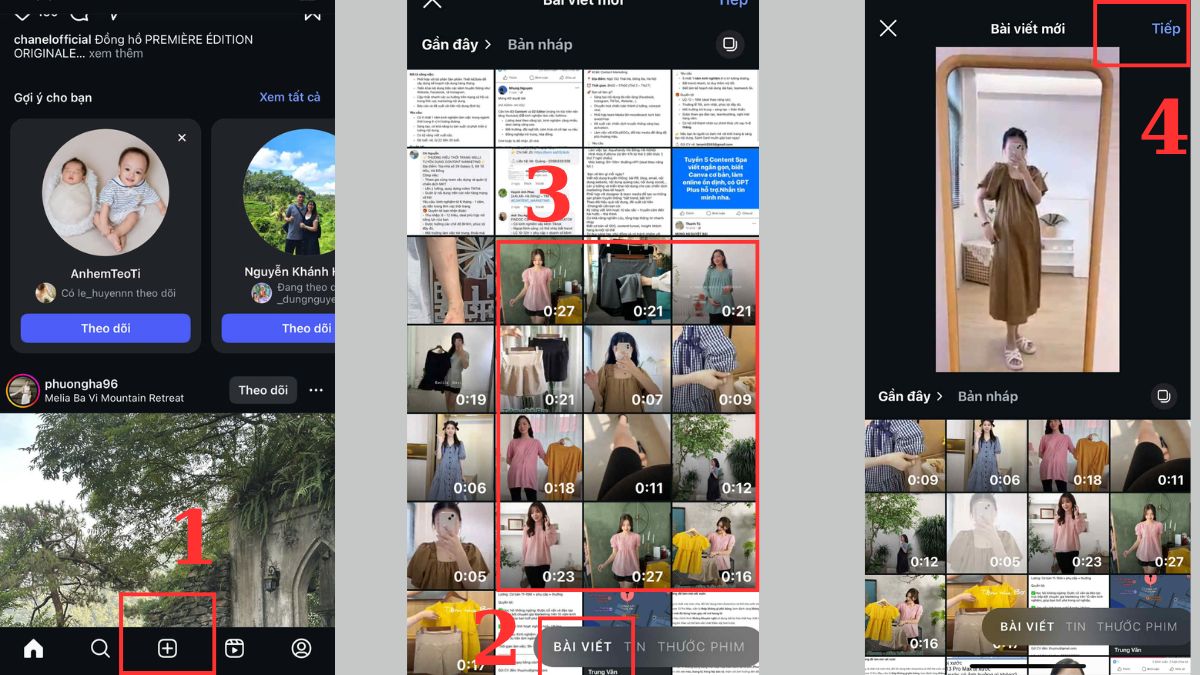 Cách chèn nhạc vào bài đăng Instagram -  Dạng bài đăng video bước 1, 2, 3, 4