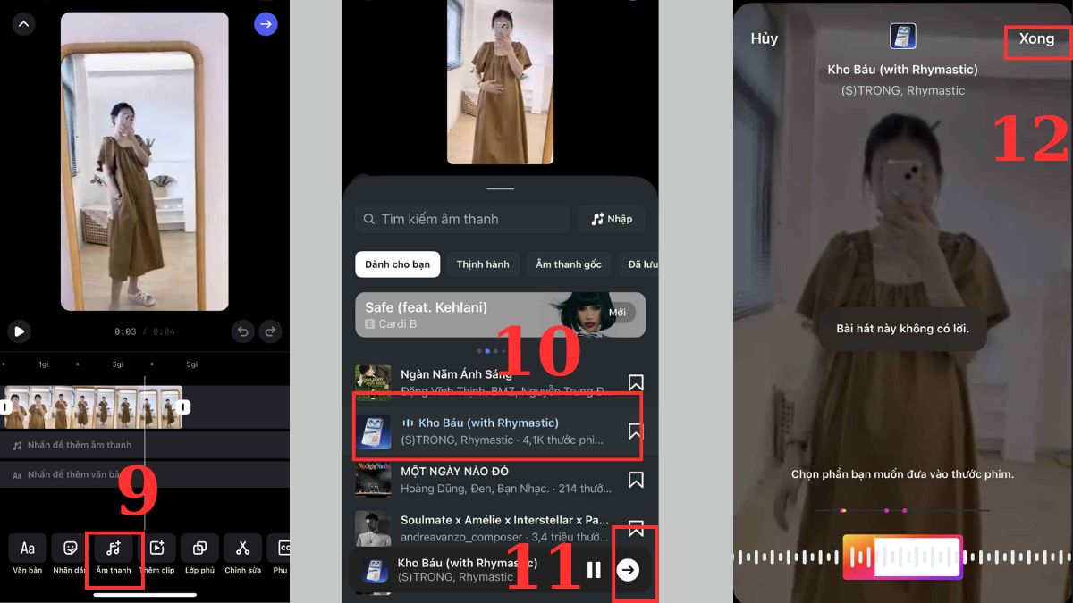 Cách chèn nhạc vào bài đăng Instagram -  Dạng bài đăng video bước 9, 10, 11, 12