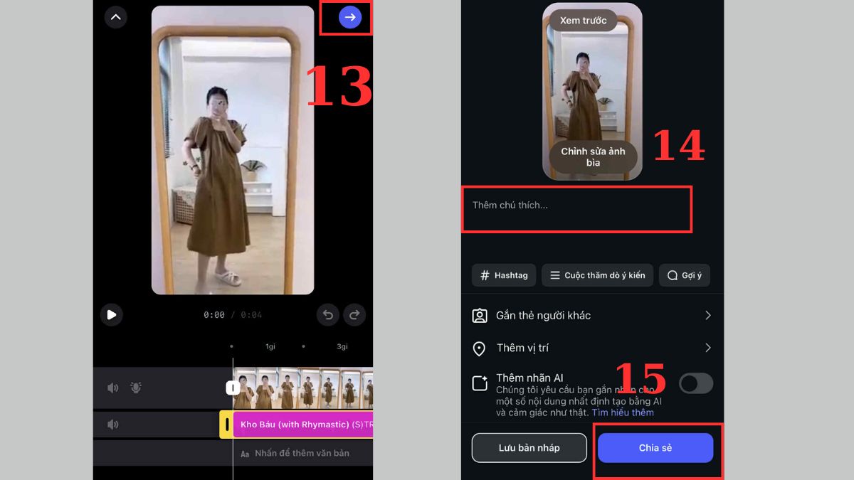 Cách chèn nhạc vào bài đăng Instagram -  Dạng bài đăng video bước 13, 14, 15