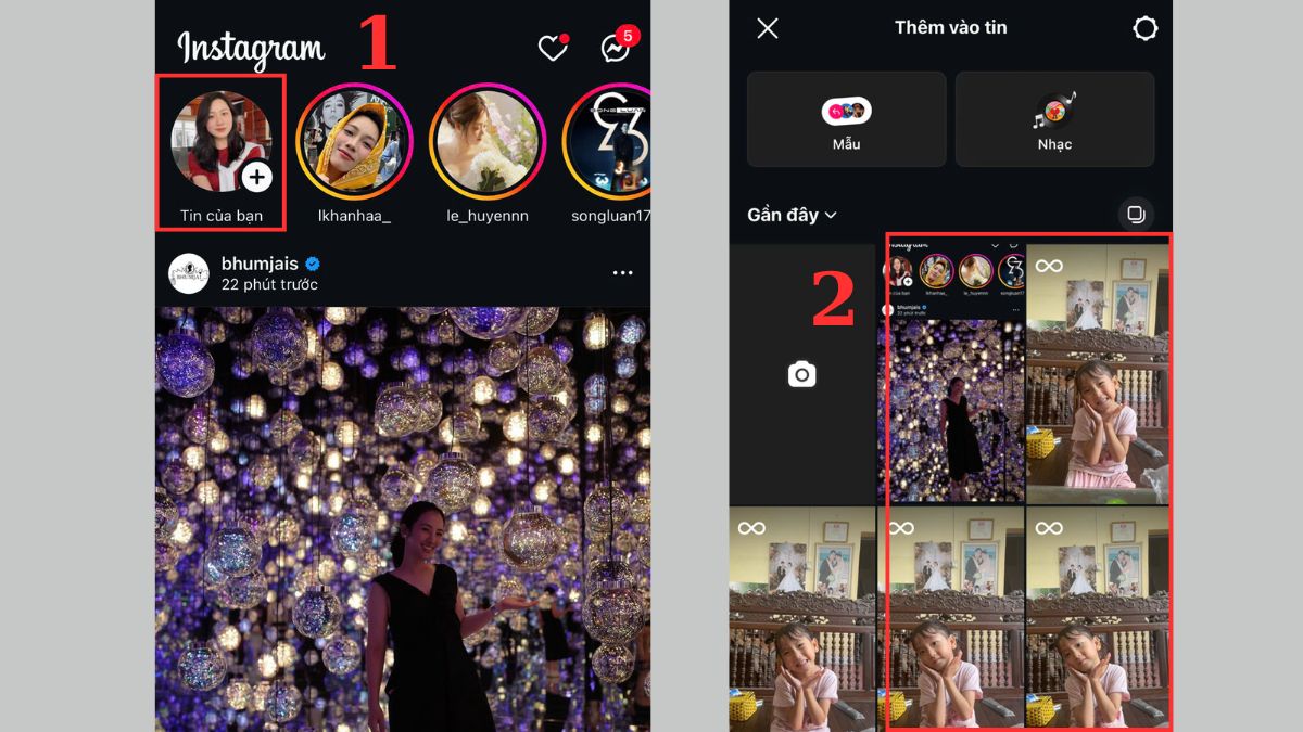 Cách chèn nhạc vào Instagram Story từ thư viên có sẵn bước 1, 2