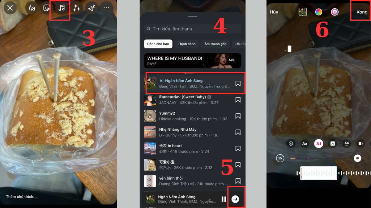 Cách chèn nhạc vào Instagram Story từ thư viên có sẵn bước 3, 4, 5, 6