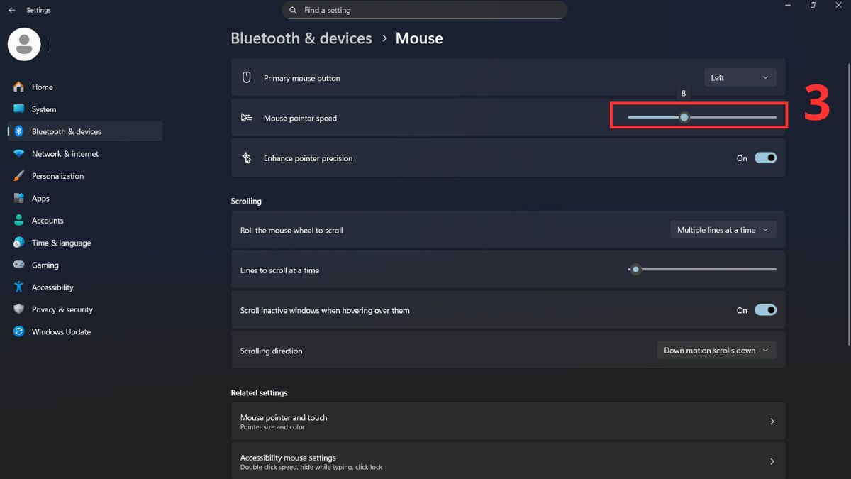 Cách chỉnh độ nhạy chuột Win 11 bước 3