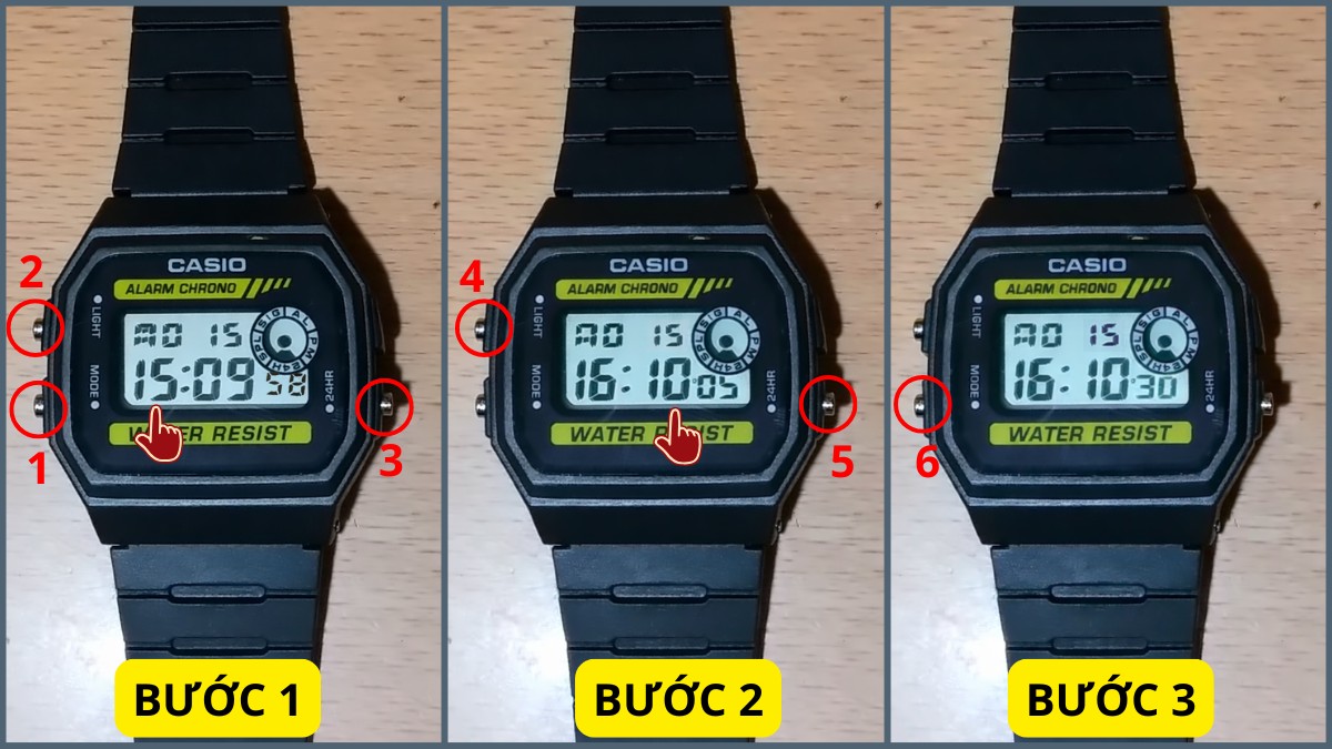 Cách chỉnh đồng hồ Casio 3 nút - Chỉnh giờ, phút