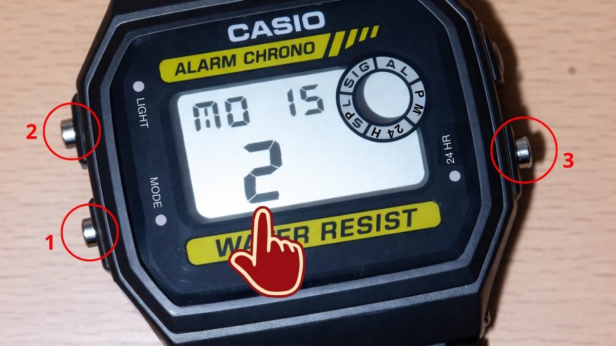 Cách chỉnh đồng hồ Casio 3 nút - Chỉnh ngày tháng bước 1