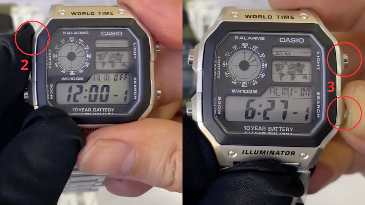 Cách chỉnh giờ đồng hồ Casio 4 nút - Cài báo thức bước 2