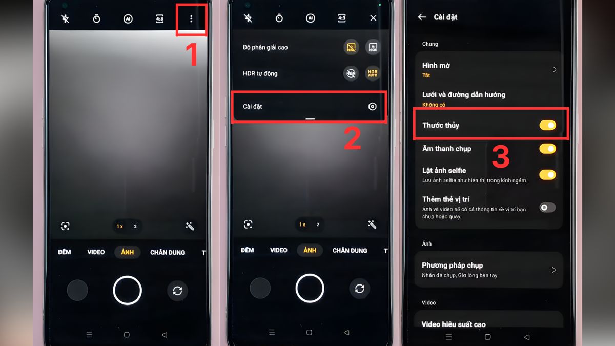 Cách chụp ảnh đẹp trên OPPO - Bật thước thủy và lưới