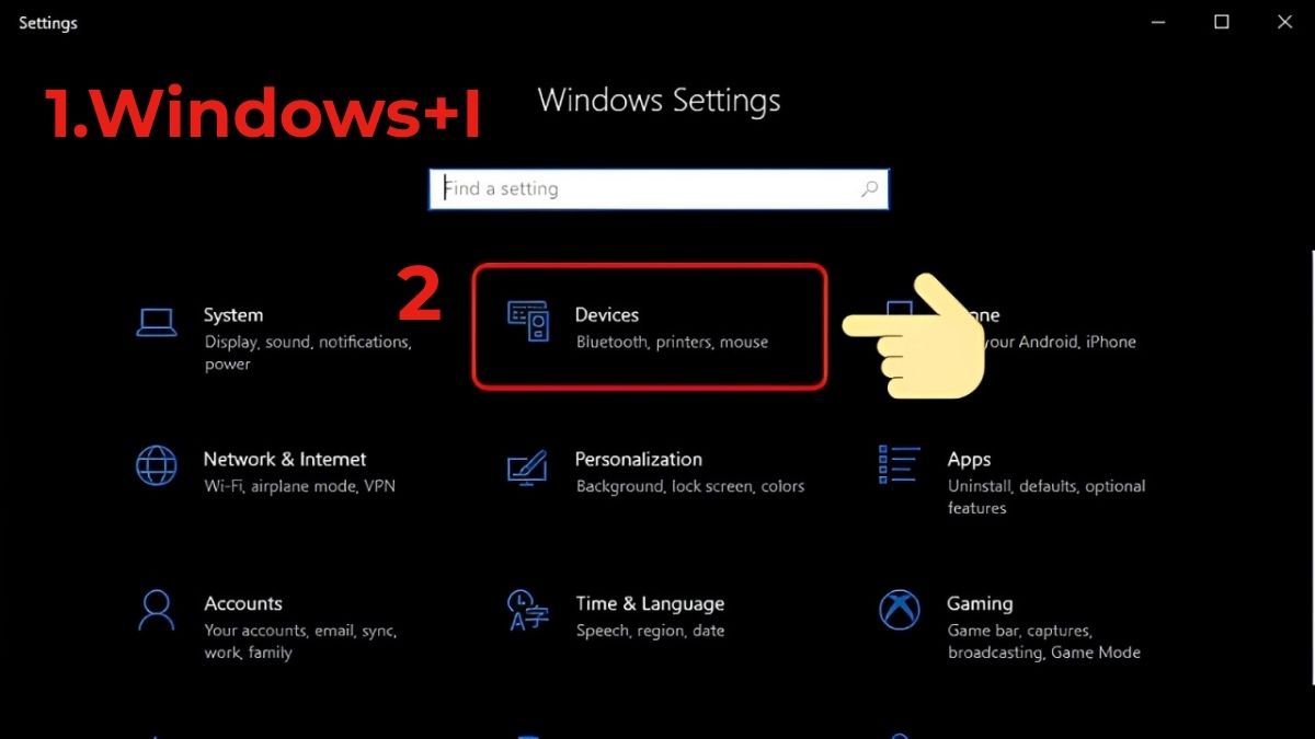 Cách chuyển chuột trái sang phải Win 10 trong Settings bước 1, 2
