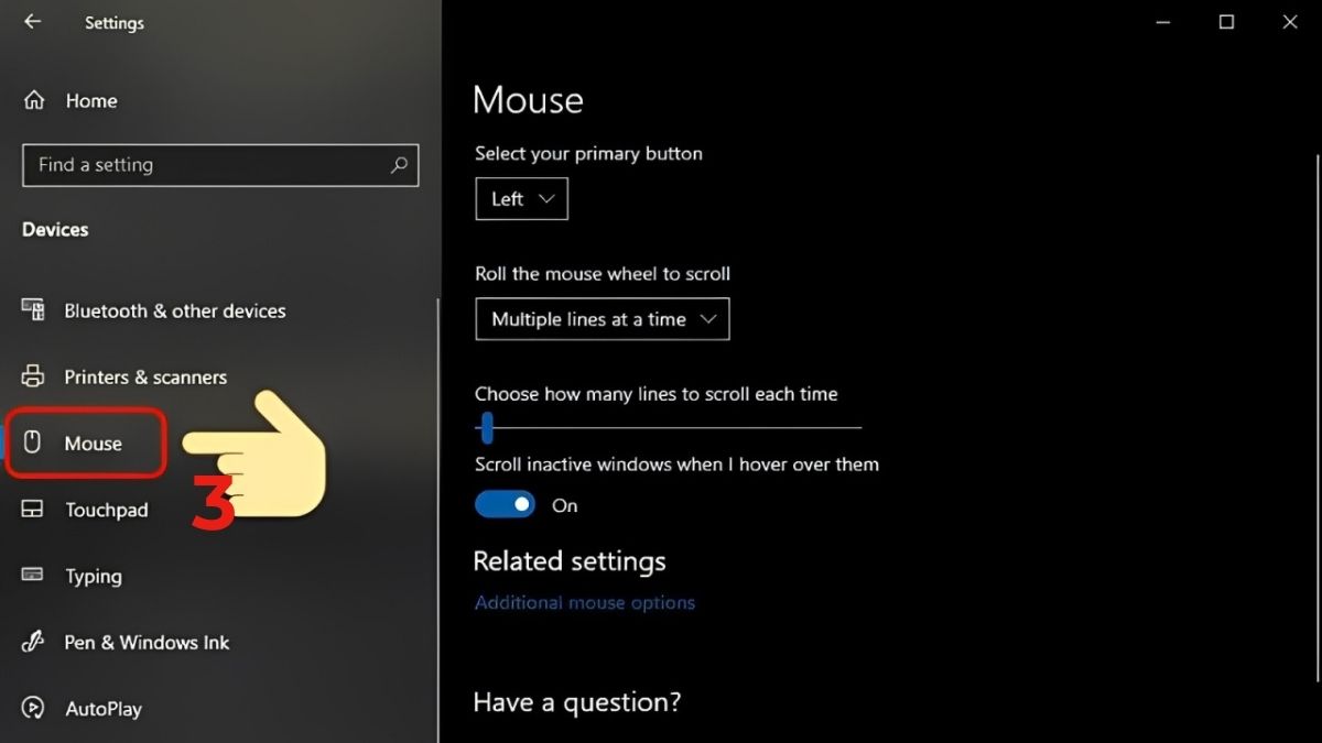 Cách chuyển chuột trái sang phải Win 10 trong Settings bước 3