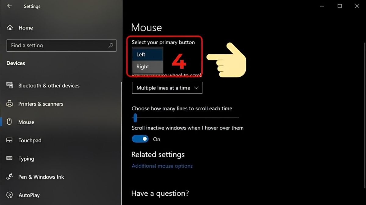 Cách chuyển chuột trái sang phải Win 10 trong Settings bước 4