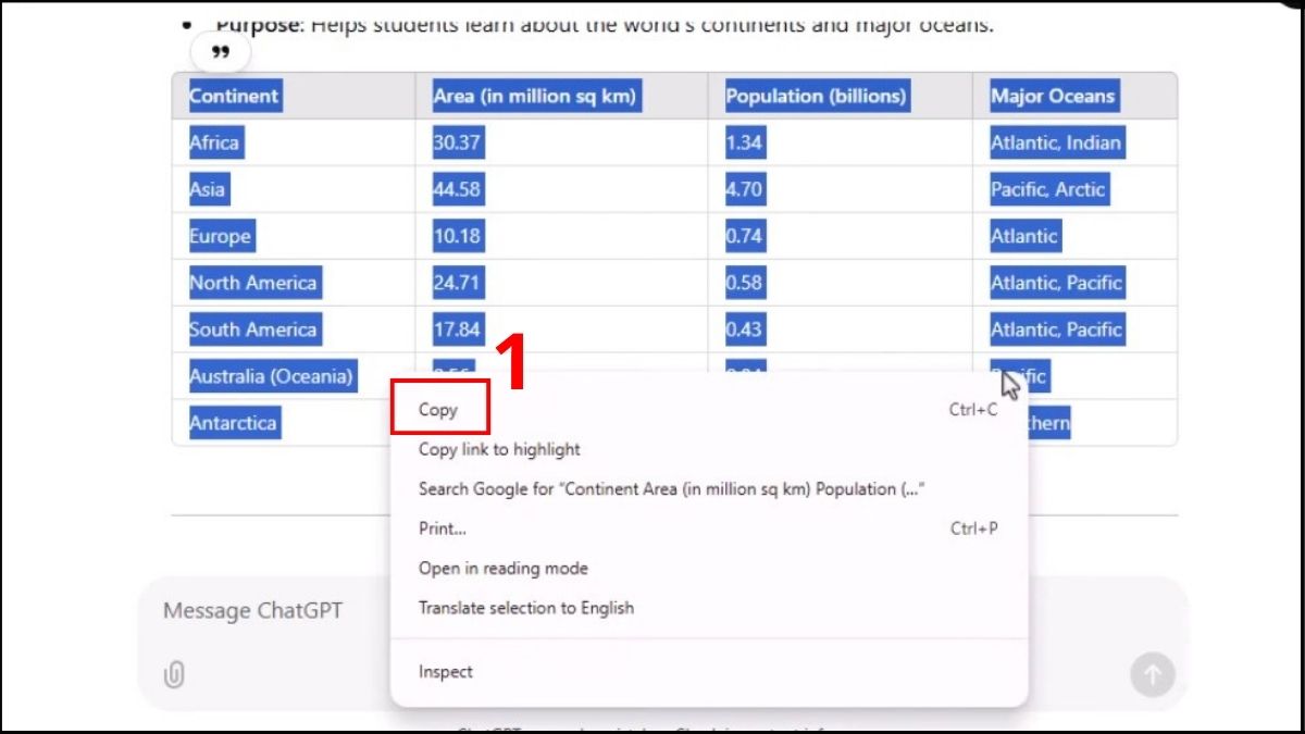 Cách copy từ ChatGPT sang Word - Dạng bảng biểu bước 1