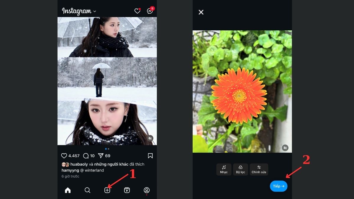 Cách đăng bài trên Facebook từ Instagram bước 1, 2