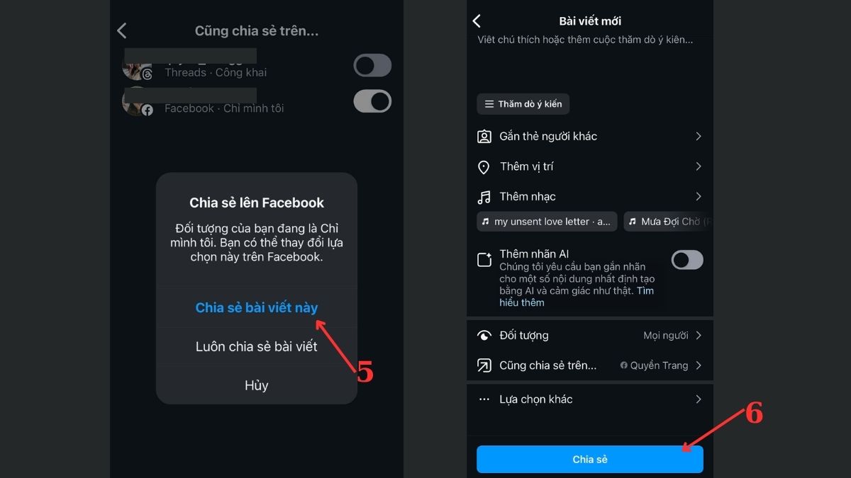 Cách đăng bài trên Facebook từ Instagram bước 5, 6
