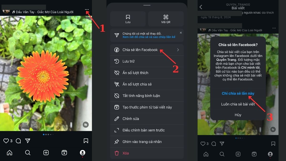 Cách đăng bài trên Facebook từ Instagram bước 1, 2, 3