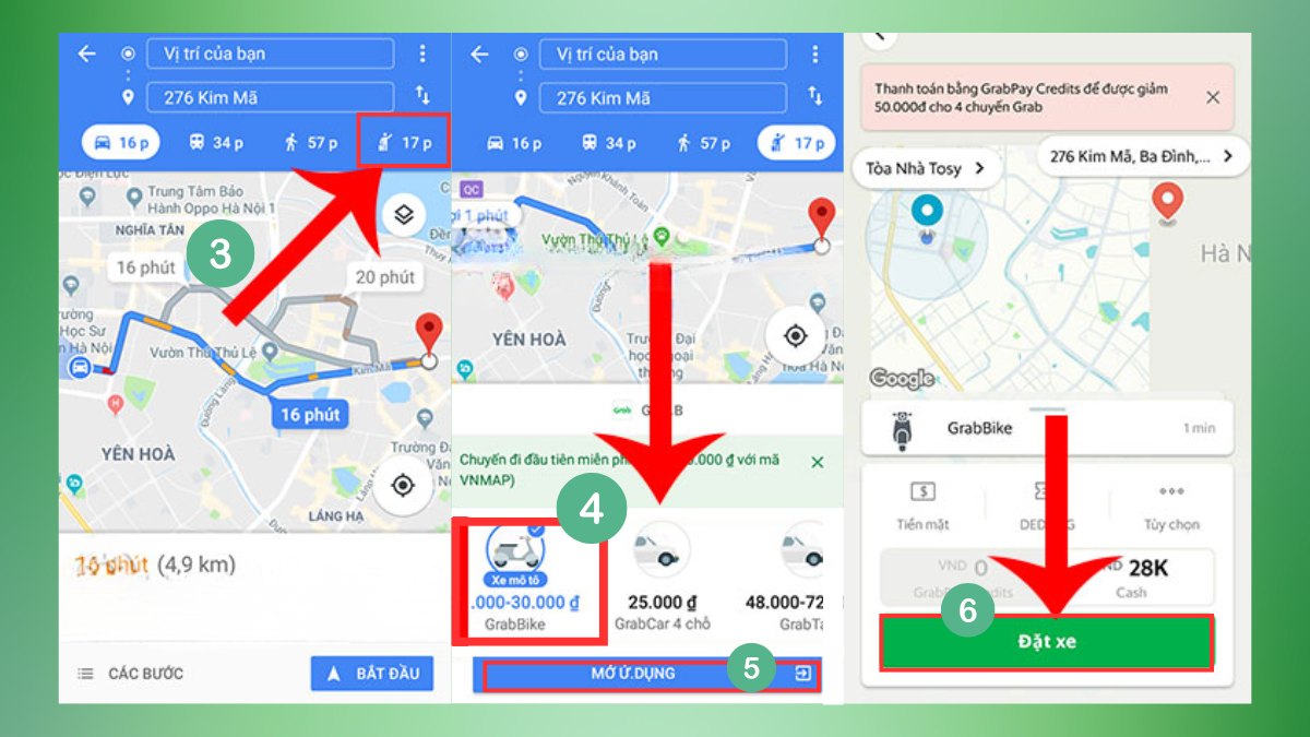 Cách đặt xe Grab trên Google Map - Đặt xe máy bước 3, 4, 5, 6