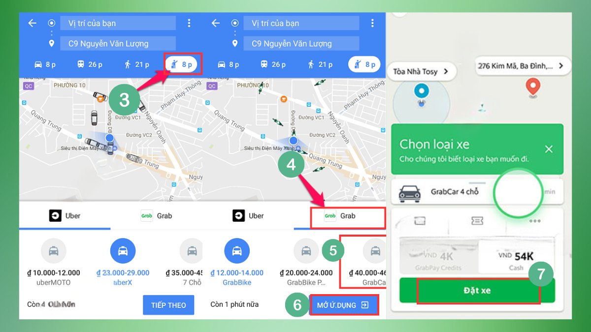 Cách đặt xe Grab trên Google Map - GrabCar bước 3, 4, 5, 6, 7