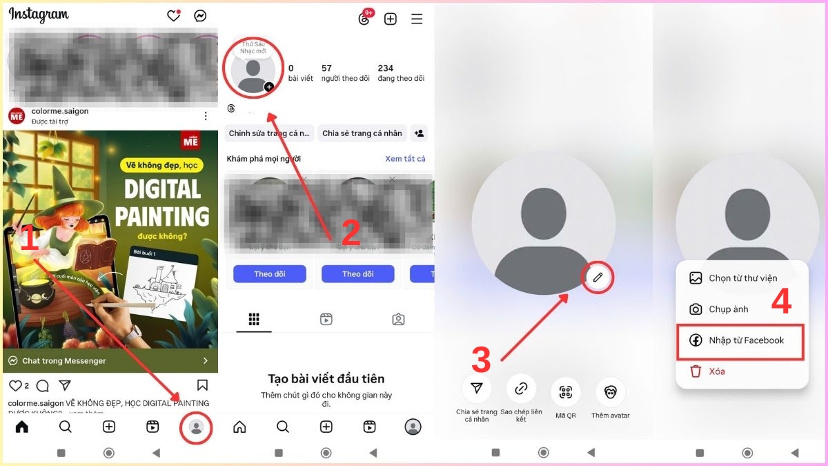 Cách đổi avatar trên Instagram bằng điện thoại - Cập nhật ảnh từ Facebook liên kết bước 1, 2, 3, 4