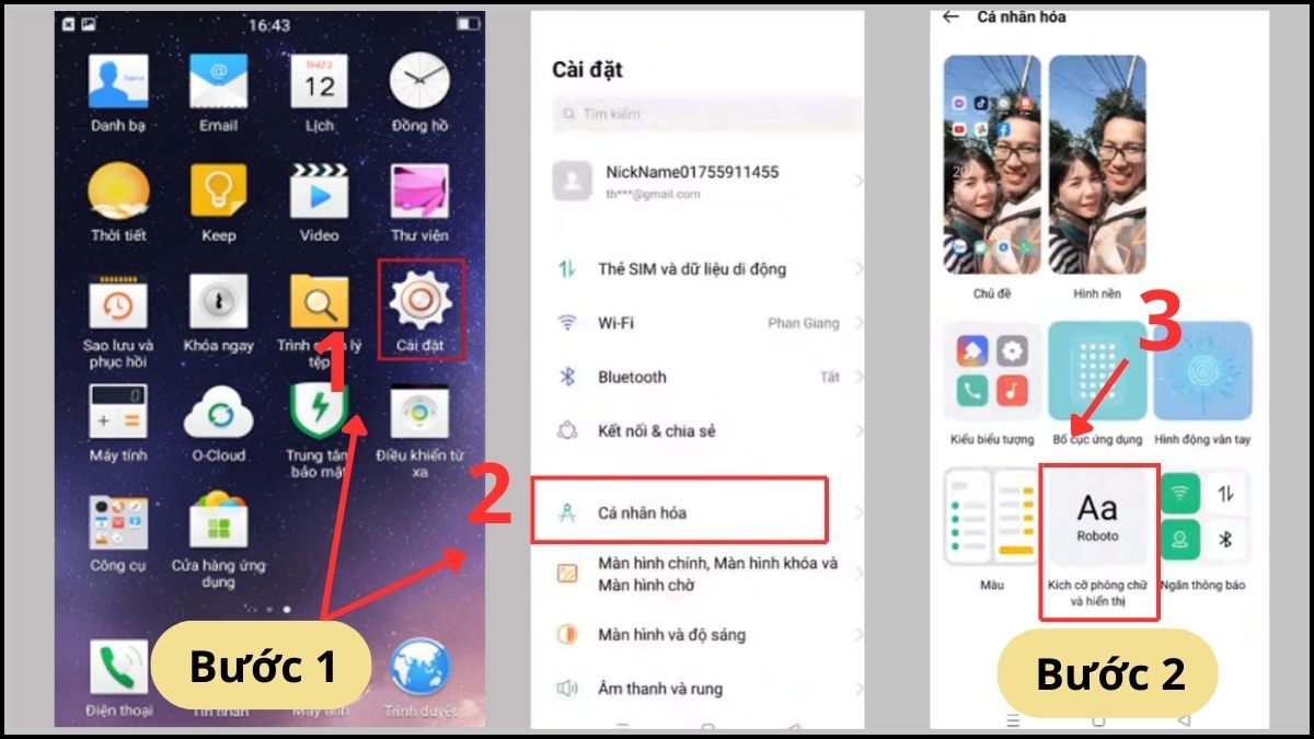 Cách đổi kiểu chữ trên điện thoại OPPO theo font mặc định bước 1, 2