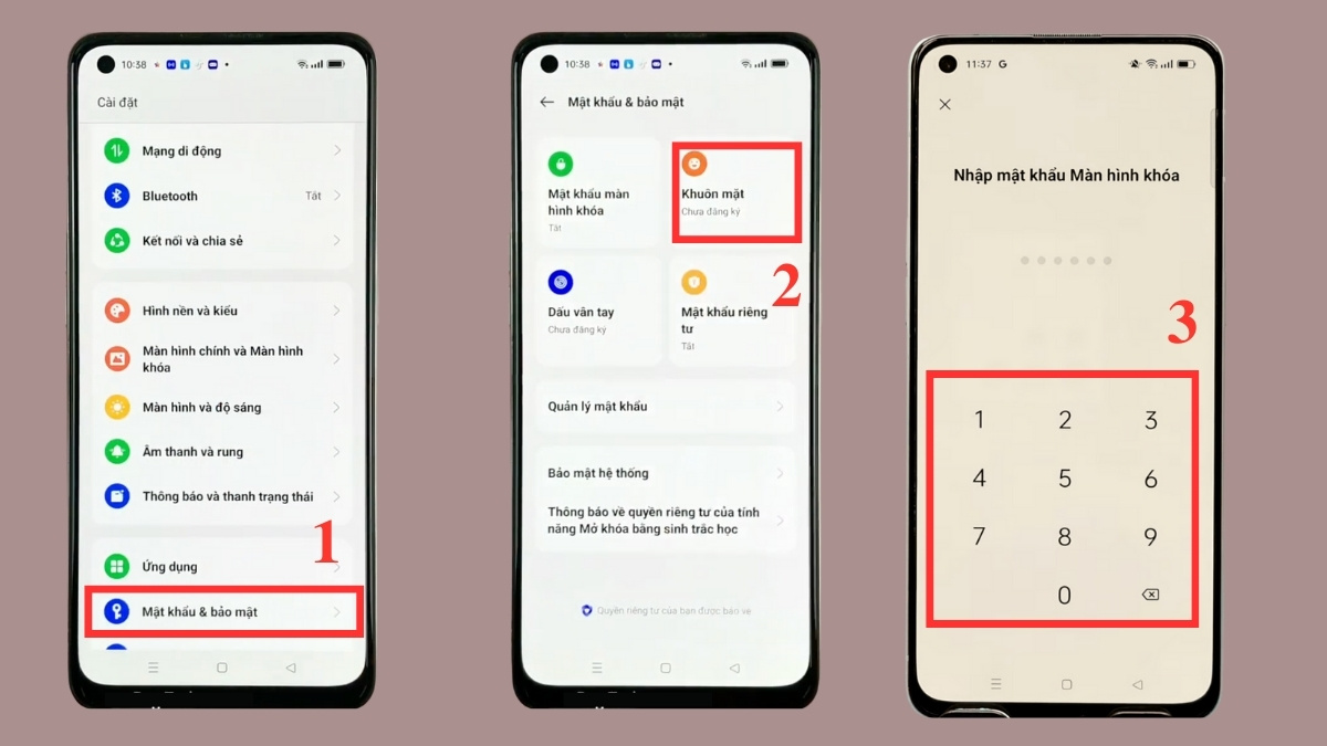 Cách đổi mật khẩu điện thoại OPPO - Đổi mật khẩu bằng nhận diện khuôn mặt bước 1, 2, 3