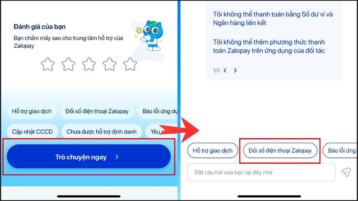 Cách đổi số điện thoại Zalo Pay qua Trung tâm hỗ trợ bước 2