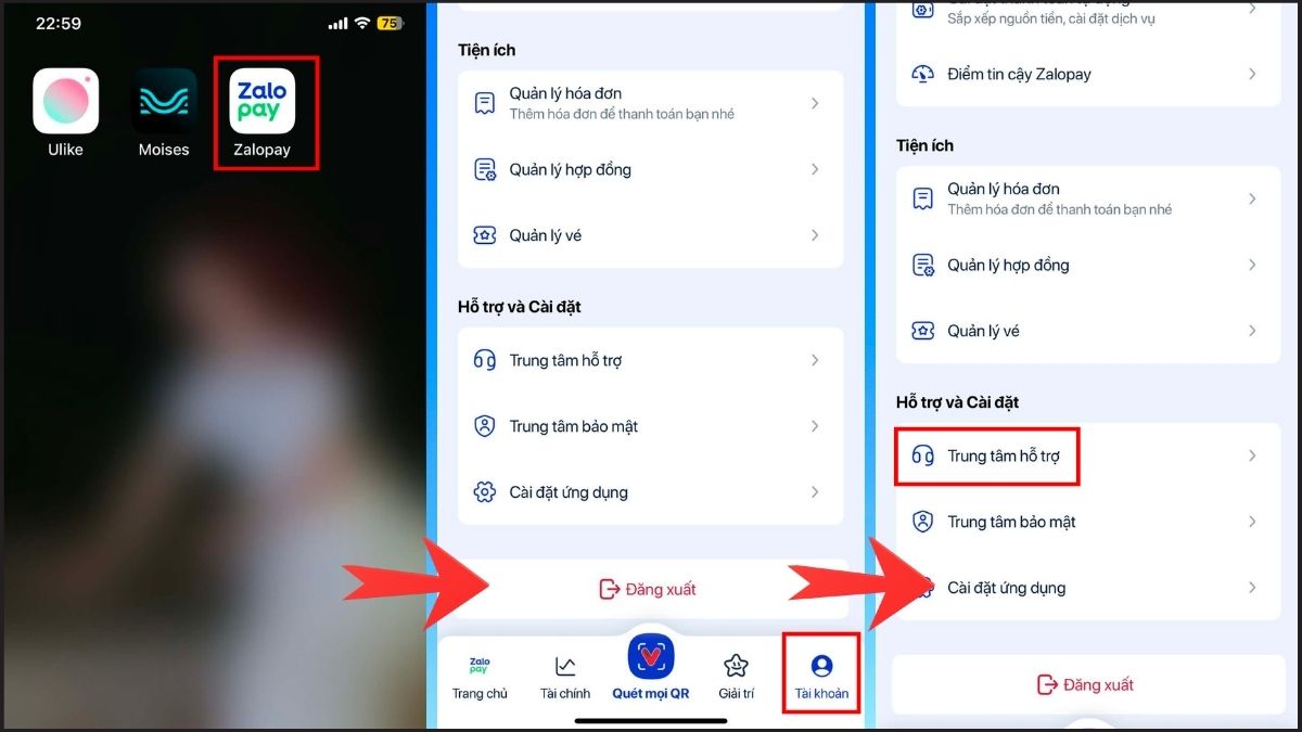 Cách đổi số điện thoại Zalo Pay qua Trung tâm hỗ trợ bước 1
