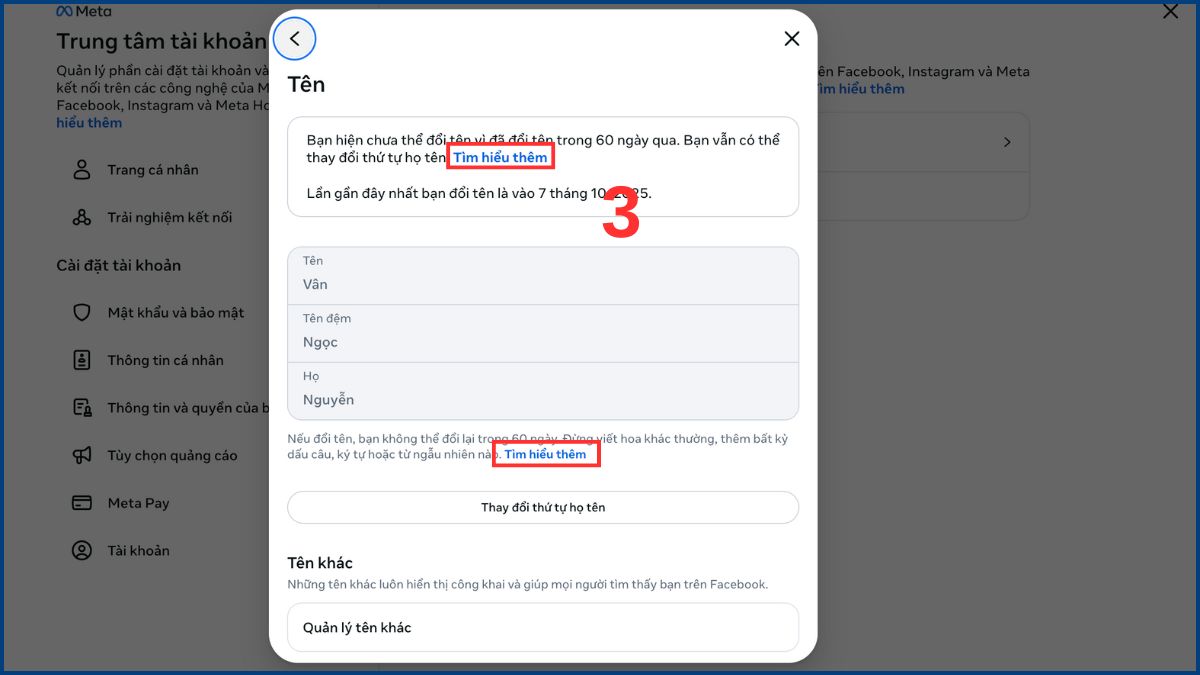 Cách đổi tên Facebook quá 5 lần bước 3