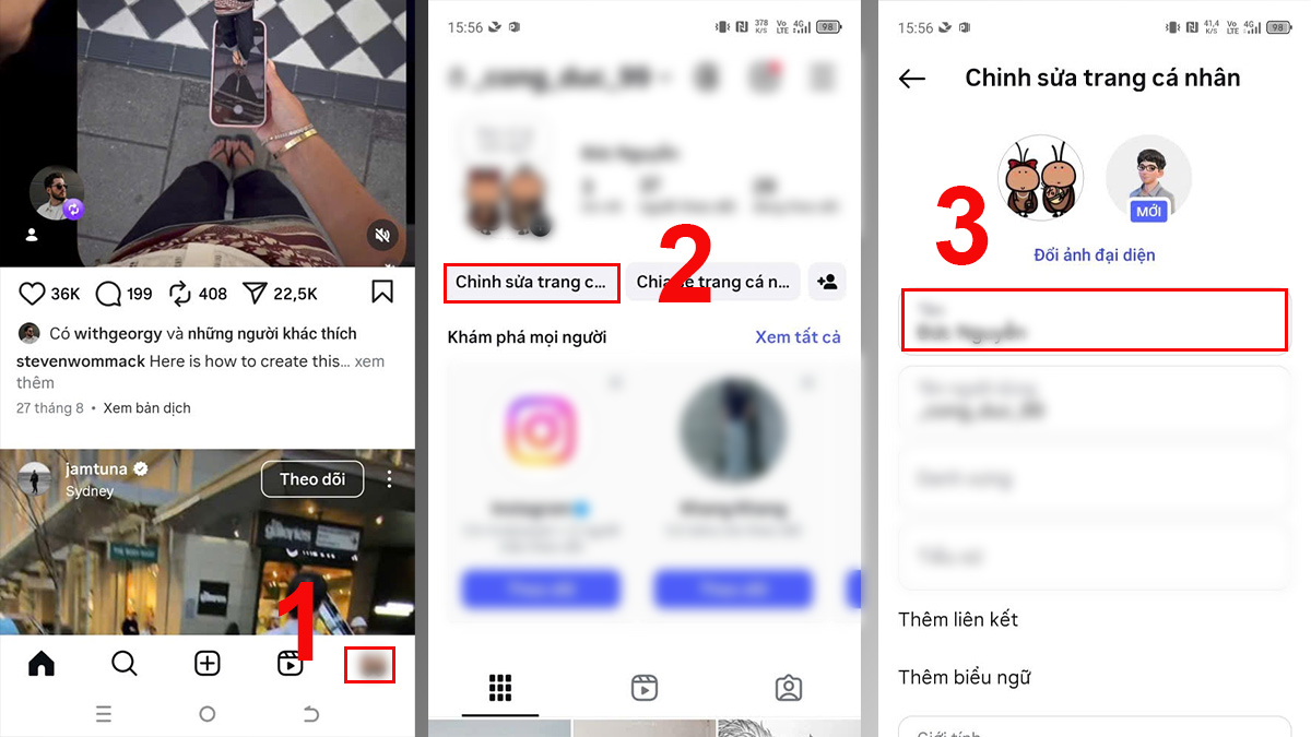 Cách đổi tên trên Instagram khi liên kết Facebook bước 1, 2, 3