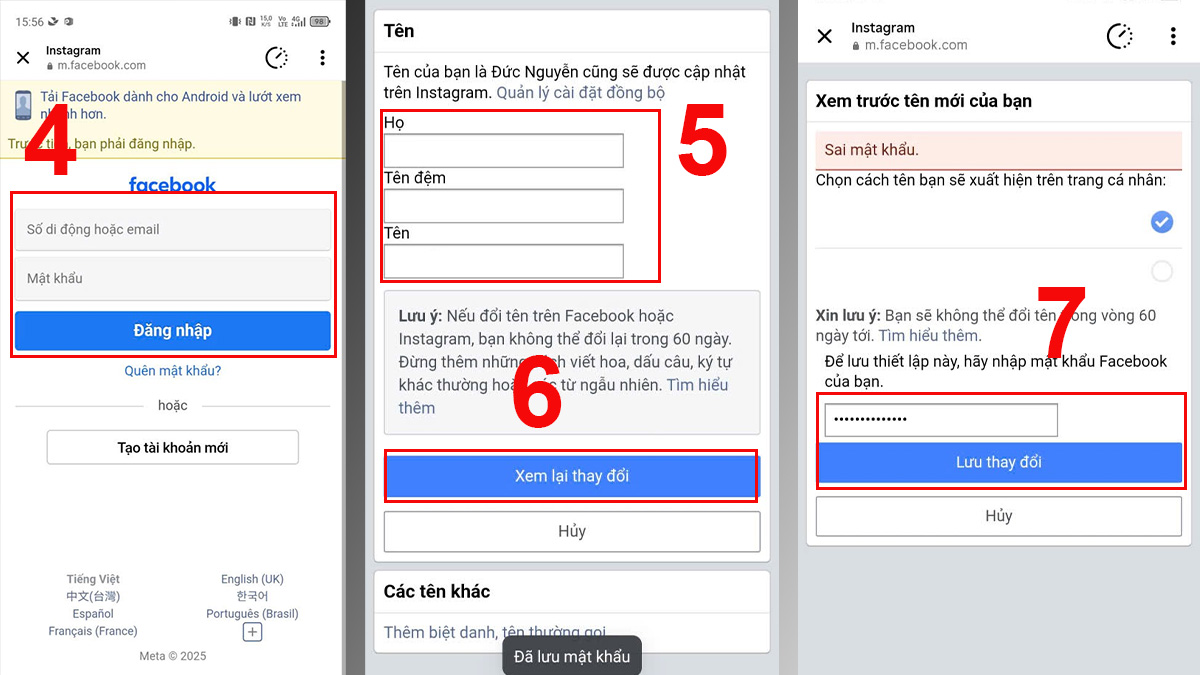 Cách đổi tên trên Instagram khi liên kết Facebook bước 4, 5, 7