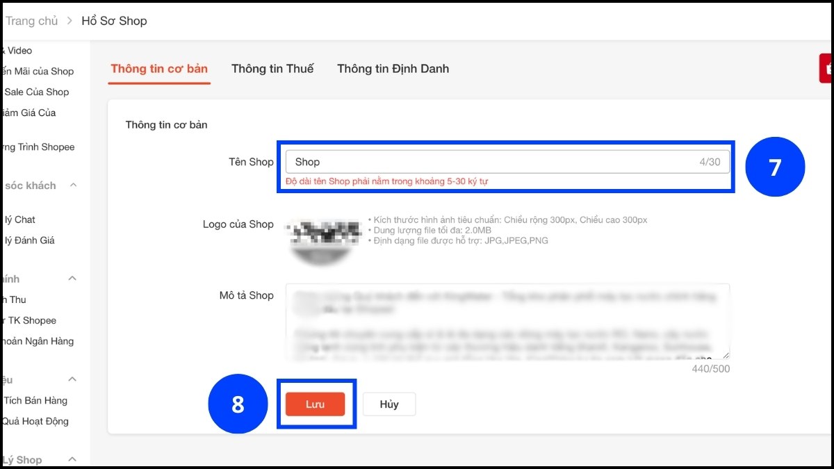 Cách đổi tên Shopee cho tài khoản bán hàng trên máy tính bước 4