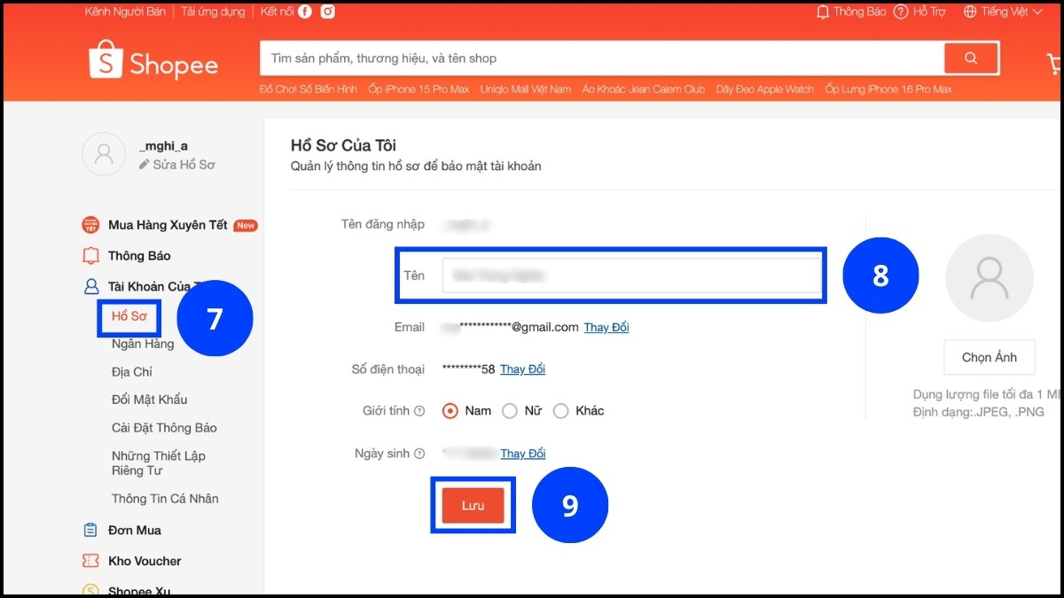 Cách đổi tên Shopee trên máy tính bước 4