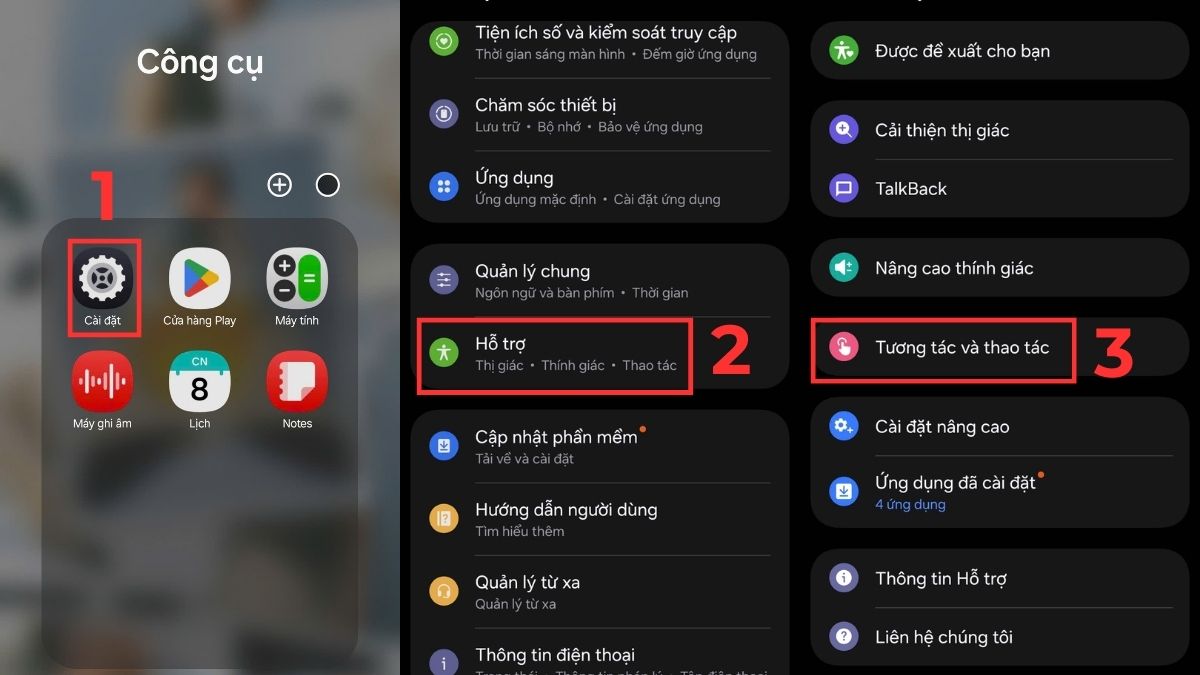 Cách đưa nút chụp màn hình ra ngoài Samsung bằng Menu hỗ trợ bước 1, 2, 3