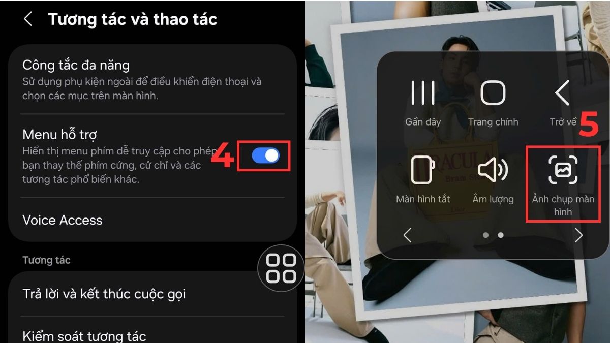 Cách đưa nút chụp màn hình ra ngoài Samsung bằng Menu hỗ trợ bước 4, 5