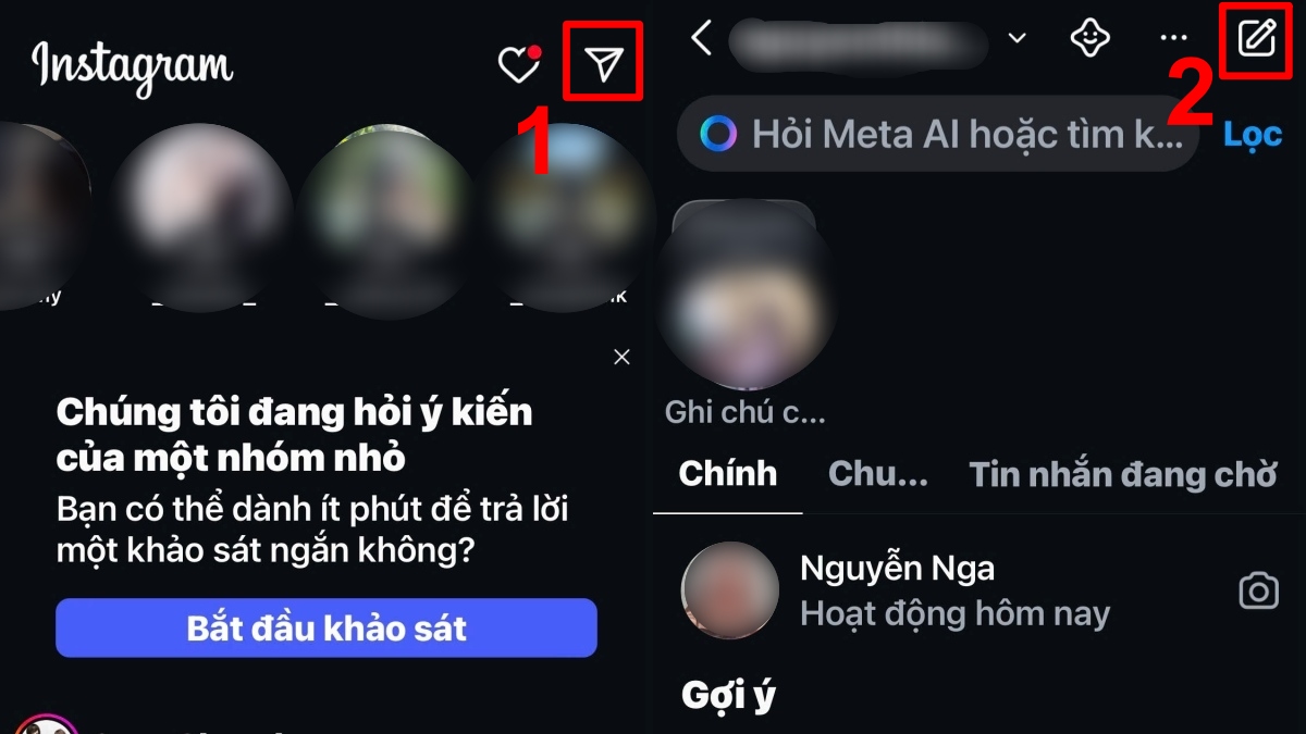 Cách gửi tin nhắn trên Instagram bằng điện thoại Bước 1, 2