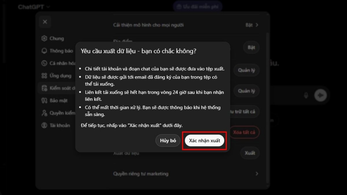 Lưu trữ và cách khôi phục đoạn chat đã xóa trên ChatGPT bằng cách dùng Export Data bước 5