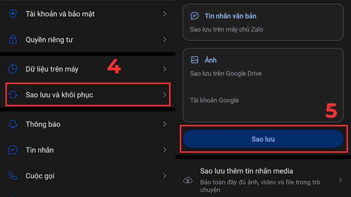 Cách khôi phục tin nhắn Zalo khi đổi số điện thoại bước 4, 5