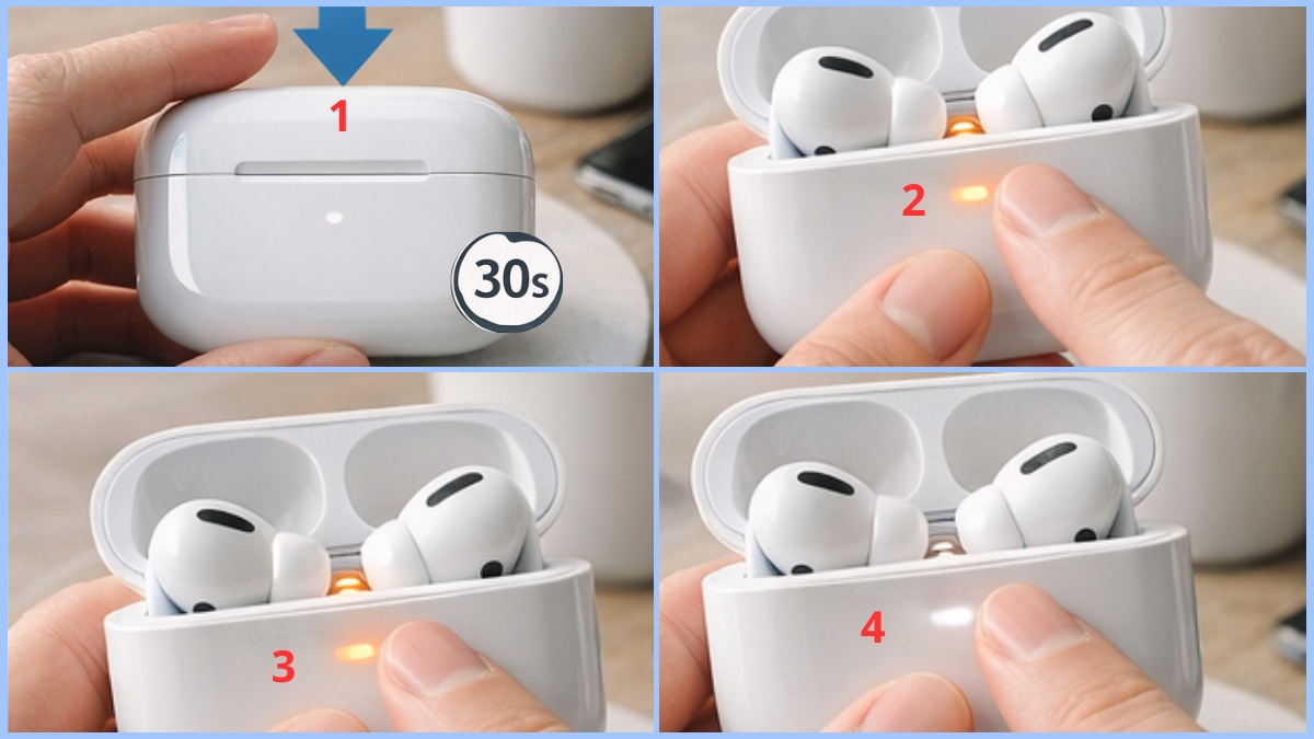 Cách kiểm tra pin Airpods khi không hiển thị phần trăm pin - Reset Airpods 4 hoặc Pro 3