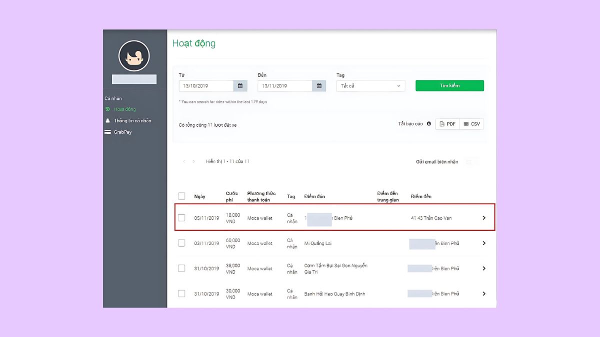 Cách lấy hóa đơn Grab trên website bước 3