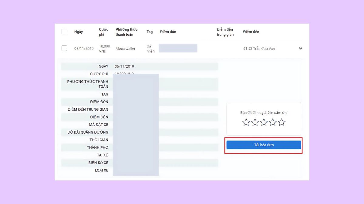 Cách lấy hóa đơn Grab trên website bước 4
