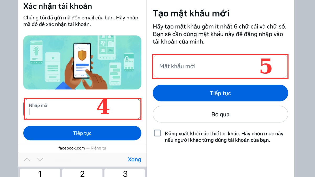 Cách lấy lại Facebook cũ trên điện thoại - Sử dụng tính năng Quên mật khẩu bước 4, 5