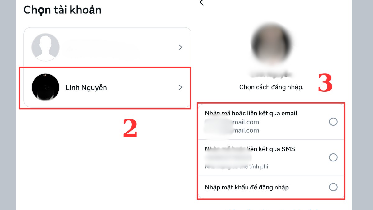 Cách lấy lại Facebook cũ trên điện thoại - Sử dụng email hoặc số điện thoại đã liên kết bước 2, 3