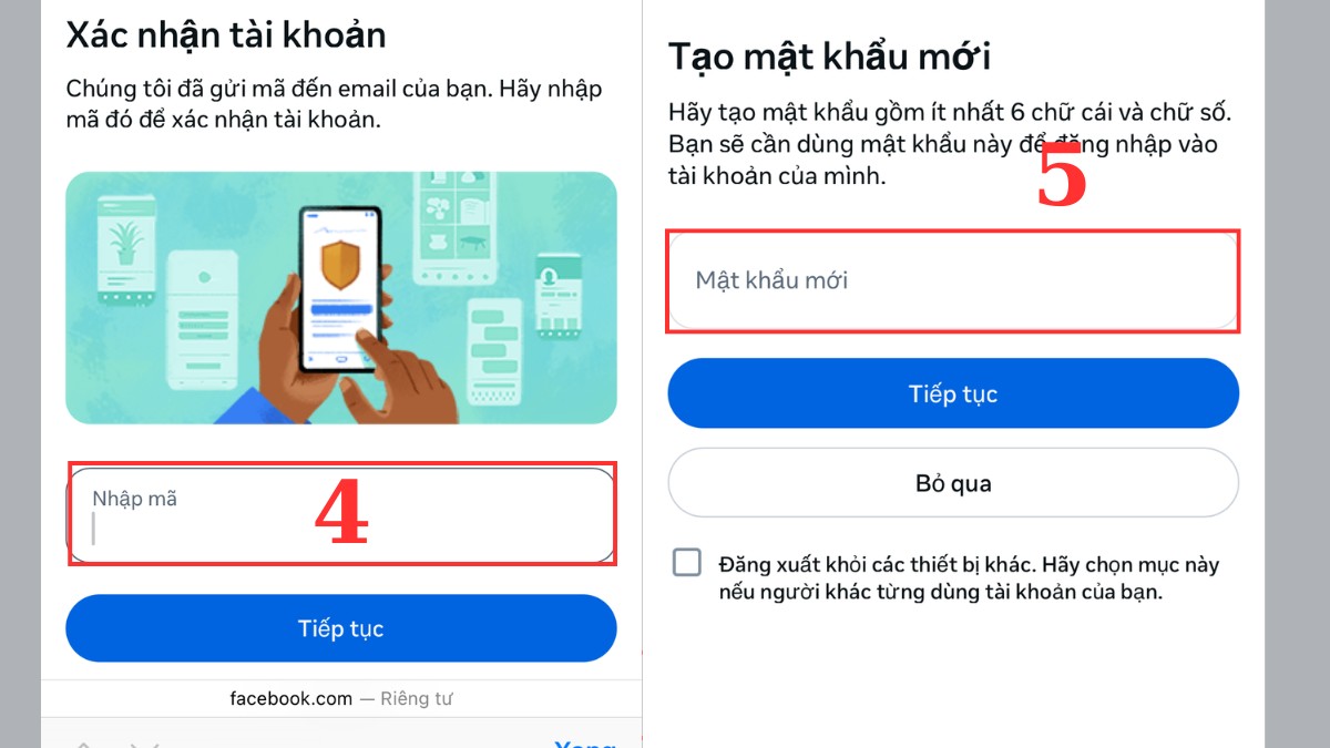 Cách lấy lại Facebook cũ trên điện thoại - Sử dụng email hoặc số điện thoại đã liên kết bước 4, 5