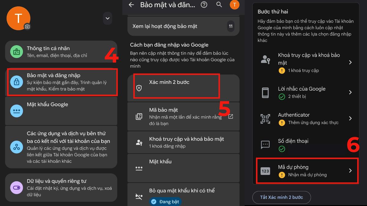 Cách lấy mã xác minh Gmail bằng mã dự phòng (Backup Codes) bước 1-2