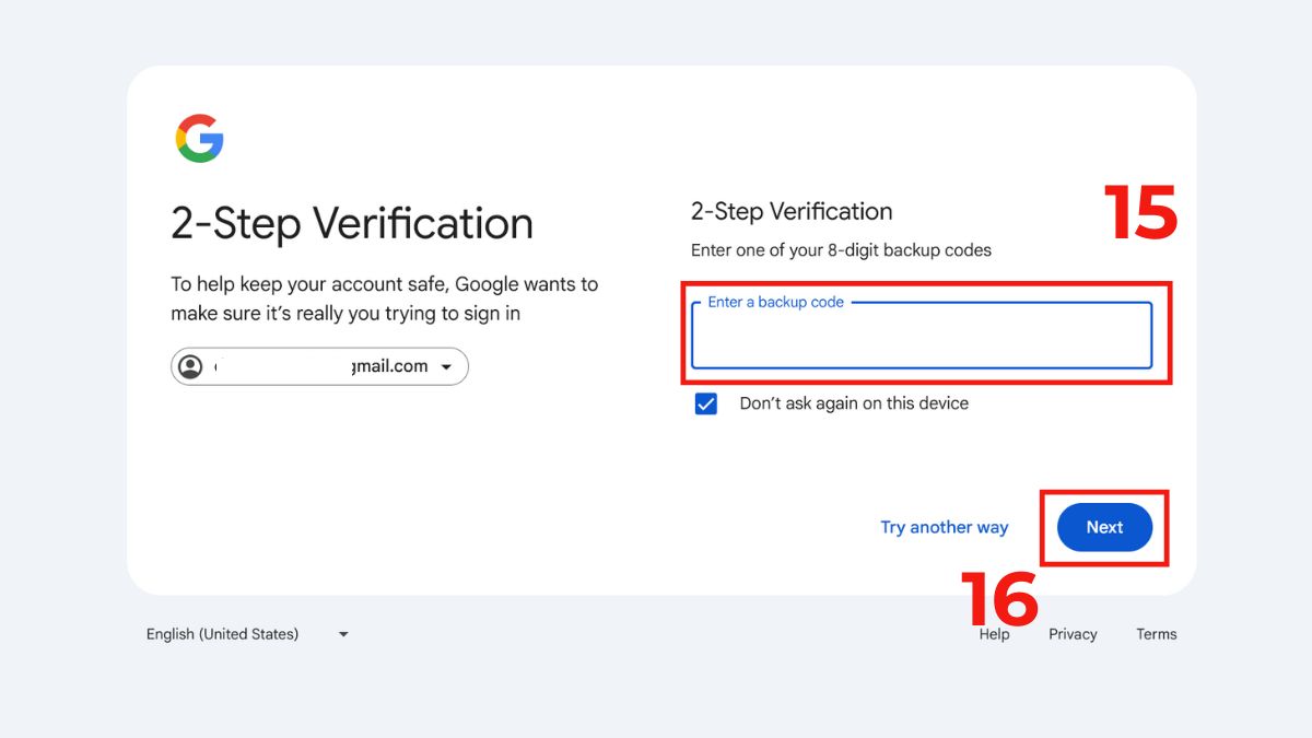 Cách lấy mã xác minh Gmail bằng mã dự phòng (Backup Codes) bước 4