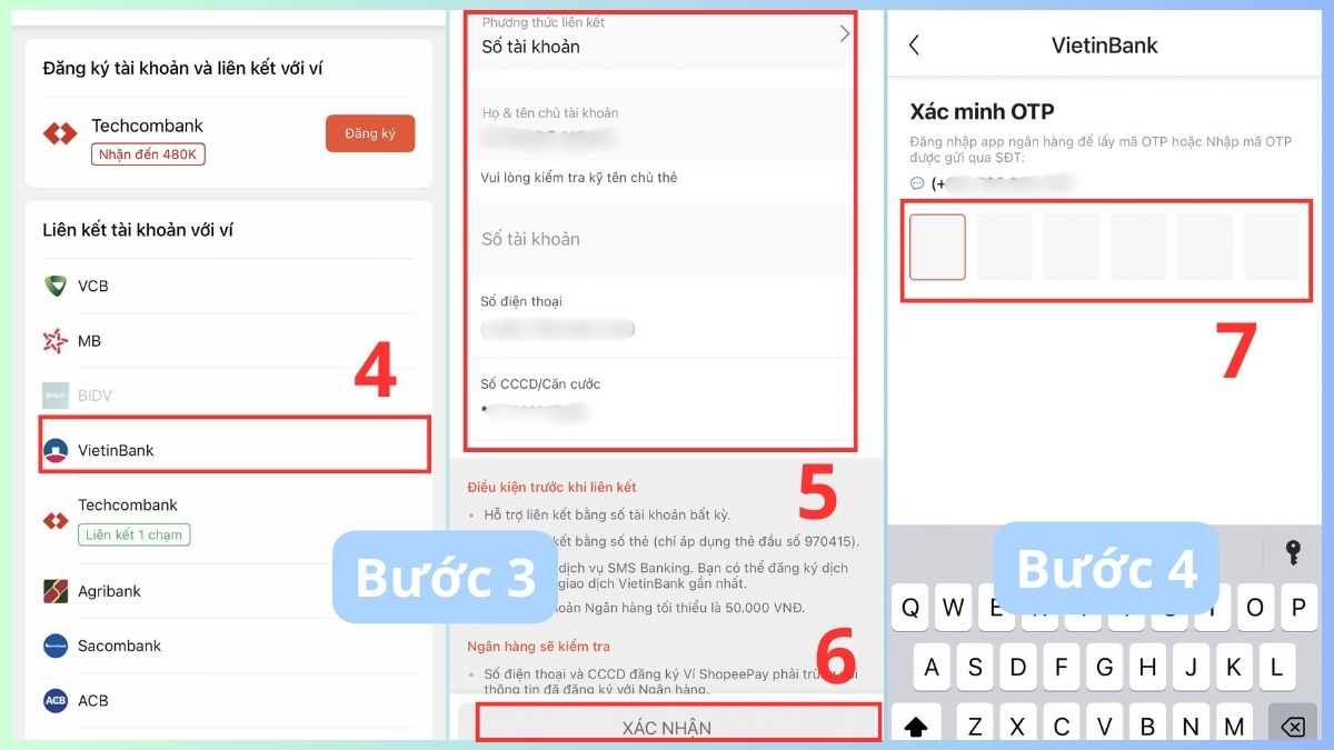 Cách liên kết tài khoản ngân hàng với Shopee Pay bước 3, 4